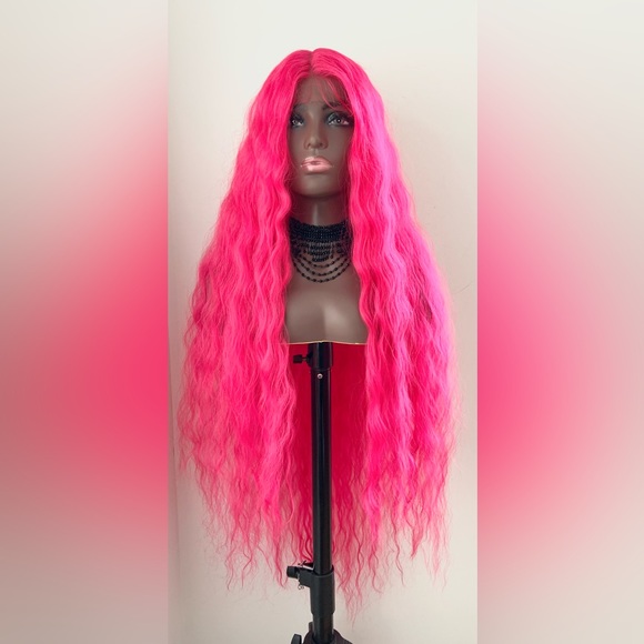 Long Gorgeous Hot Pink Premium Fiber Lace Front Wig for Costumes & Events - Picture 1 of 6